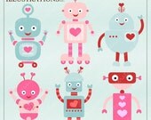 Valentine Robots Cute Digital Clipart for Card Design, Scrapbooking, and Web Design, Valentine Clipart Il_170x135