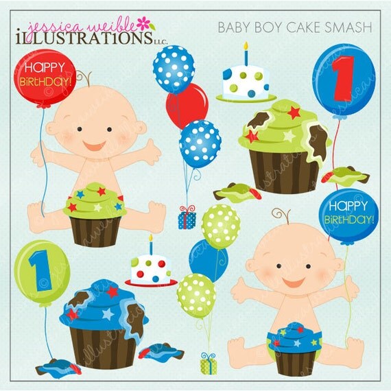 Baby Boy Cake Smash Cute Digital Clipart for Card Design, Scrapbooking, and Web Design Il_570xn