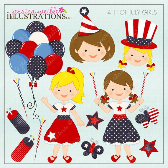 4th of July Girls Cute Digital Clipart for Invitations Card