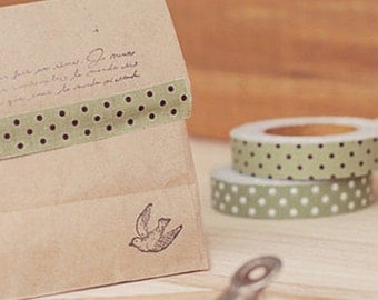 Polka Dot Adhesive Fabric Tape - Green / Brown Dot (0.6in)