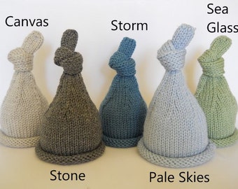 Knit Baby Hat, Newborn Infant Knitted Knot Photography Prop, Elf, Seaside Colors, Blues, Greens, Grays, Over 50 Custom Colors, All Sizes