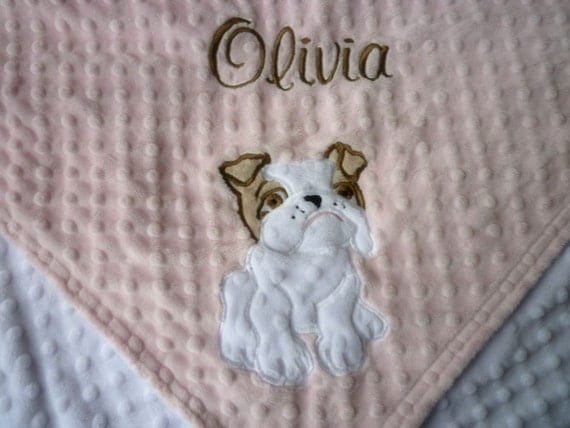 Large personalized baby blanket- lt pink and tan bulldog- 30x35 stroller blanket