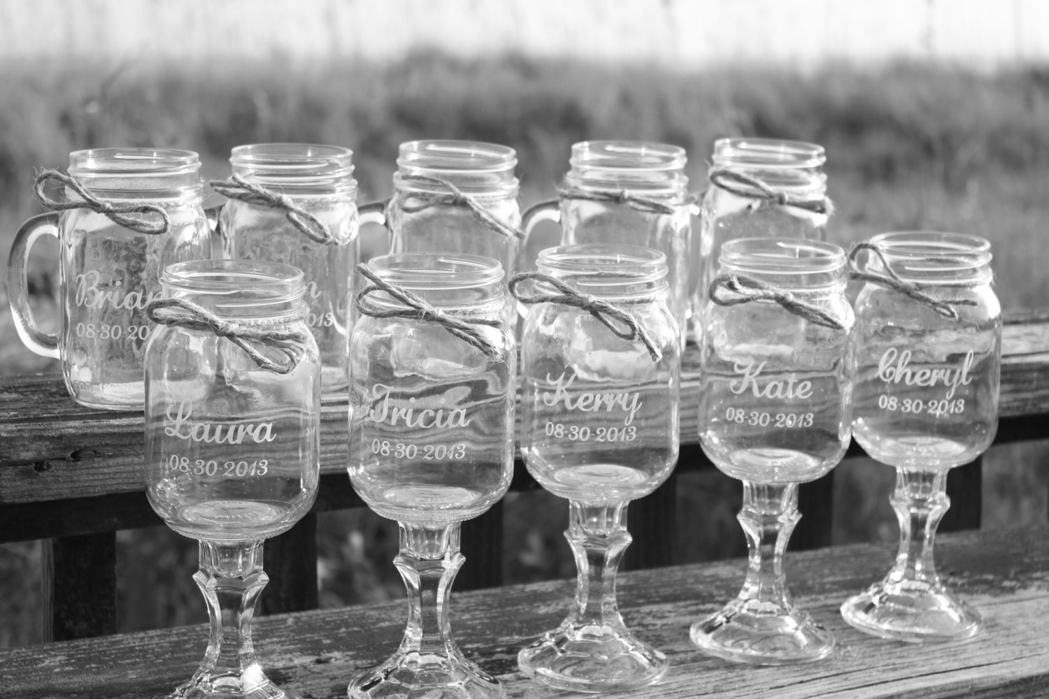 10 Mason jars, 5 Redneck Wine Glasses , 5 mason jar mug Set, Bridal