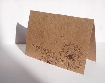 Dandelion Thank You Card Set - Rustic Thank You Notes, Kraft Paper Note Cards, Botanical Garden Dandelions, Spring Summer Fall Stationery