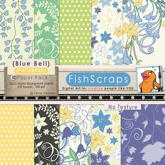 50% Sale - Floral Digital Paper - Blue Bell - Spring Backgrounds - No Texture - Scrapbooking, Commercial Use Il_570xn