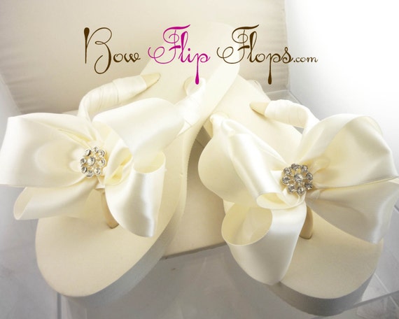 Flip Flops Ivory Wedge Wedding Flip Flops White Bow Flat Platform ...