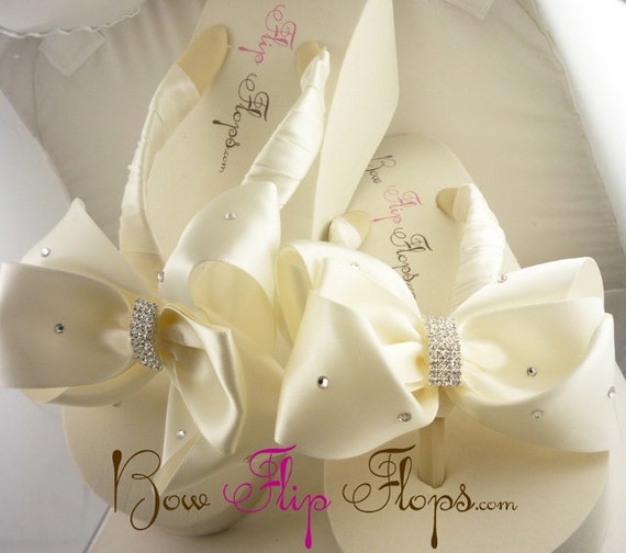Bridal Flip Flops Ivory Wedge Wedding Flip Flops White Bow Flat ...