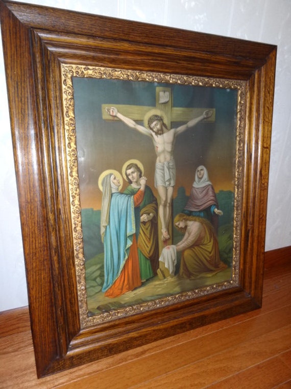 Antique Jesus Cross Religious Colored Lithograph Art Framed