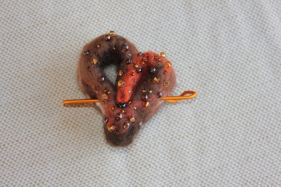 Felted wool heart brooch / shawl pin - brown orange gold Autumn tones lagenlook -  gift for her