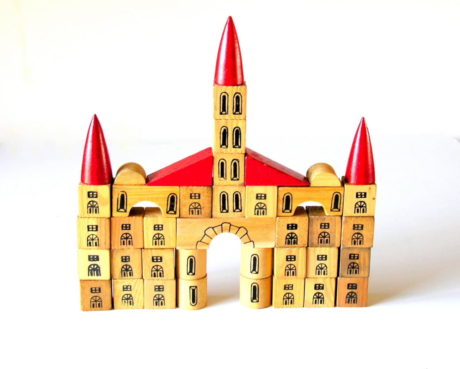 vintage toy wooden blocks castle fairy tale medieval red black