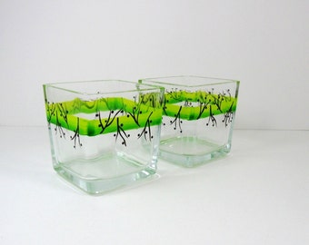Candle Tea Light Holders Hand Painted Lime Green w/Berries Set of 2
