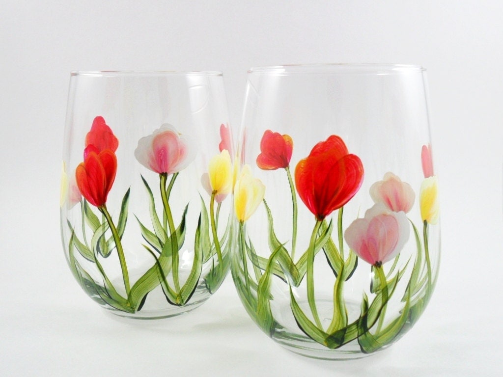 Stemless Wine Glasses Hand Painted Tulip Set of 2