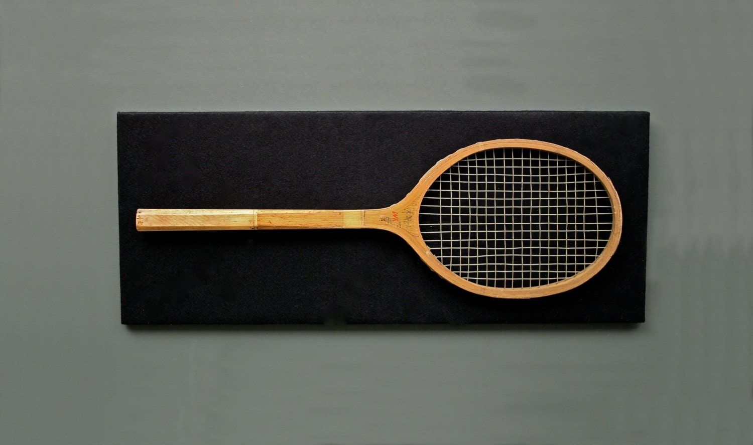 Vintage Wooden Tennis Racket mounted on black felt