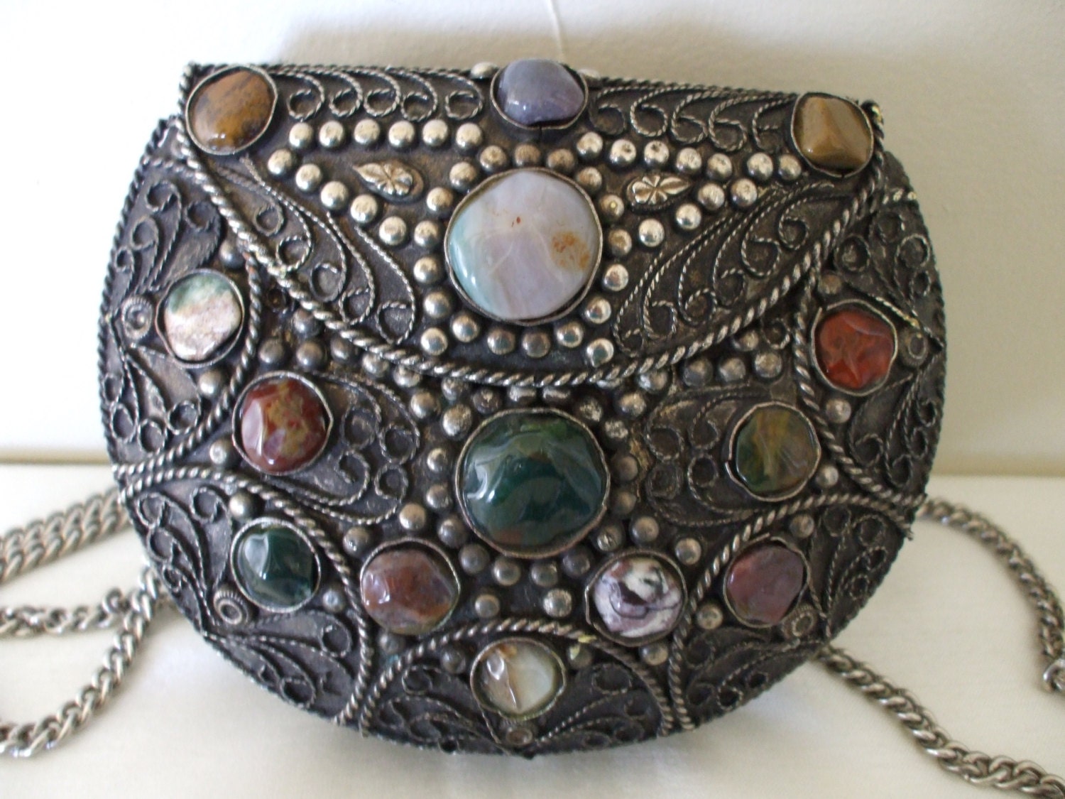 METAL Purse Semi Precious Stones with Chain Shoulder Strap