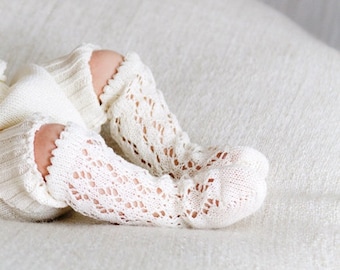 KNIT BABY SOCKS off white ivory lace socks Baby shower gift Baptism accessory Legwear