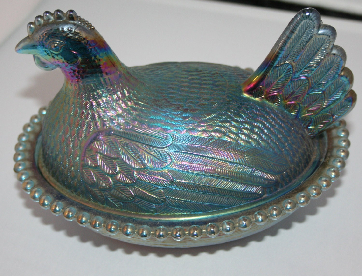 Blue Carnival Glass Chicken Candy Dish Super Cute