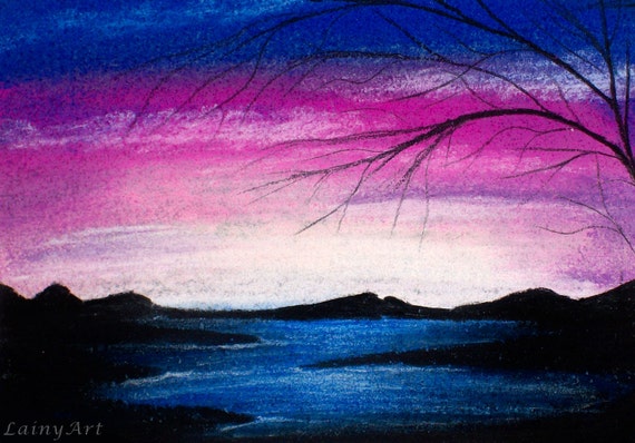 Items similar to Blue Sunset - ACEO soft pastel drawing - All proceeds