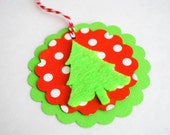 6 Christmas Tree TAGS, Felt Christmas Tree black and Red polka dot cardstock tags 3.0 INCHES A677 Il_170x135