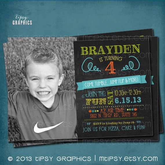 Tumble, Jump Flip & More. Photo Chalkboard Trampoline Bounce House or Little Gym Birthday Party Invite by Tipsy Graphics Il_570xn