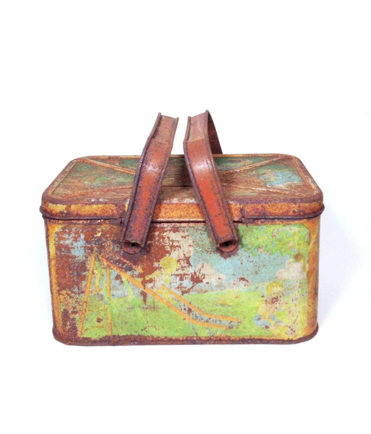Antique Lunch Tin Lunch Box Rusty Playground Scene Red Green