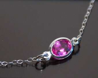 Sterling silver choker necklace, birthstone sterling silver choker necklace, cubic zirconia imitation birthstone, October pink