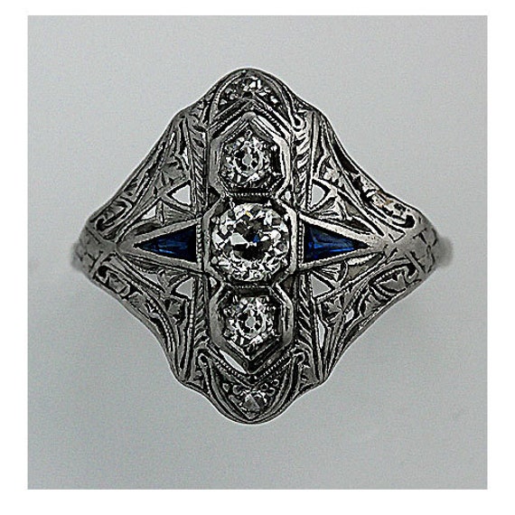 Edwardian Platinum and 14 Kt White Gold Old Miner Cut and Sapphire ...