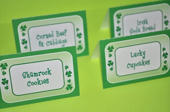 St. Patrick's Day Food Label Tent Cards - St. Patrick's Day Decorations - Shamrocks, Clovers, Green - Set of 12 Il_570xn