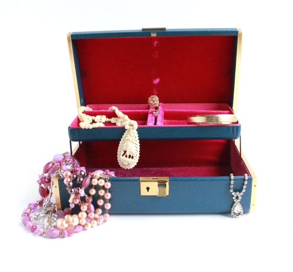 Vintage Navy Blue & Pink Jewelry Box 1950s Golden Filigree