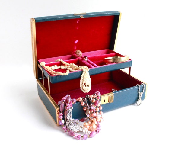 Vintage Navy Blue & Pink Jewelry Box 1950s Golden Filigree