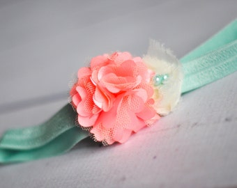 Baby Headband, Coral and Aqua, Toddler Headband, Flower Girl, Flower Headband, Newborn Headband, Infant Headband, Newborn Photo Prop