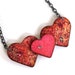 Valentine Necklace Decoupaged Triple Hearts Pink Peach with Crystals