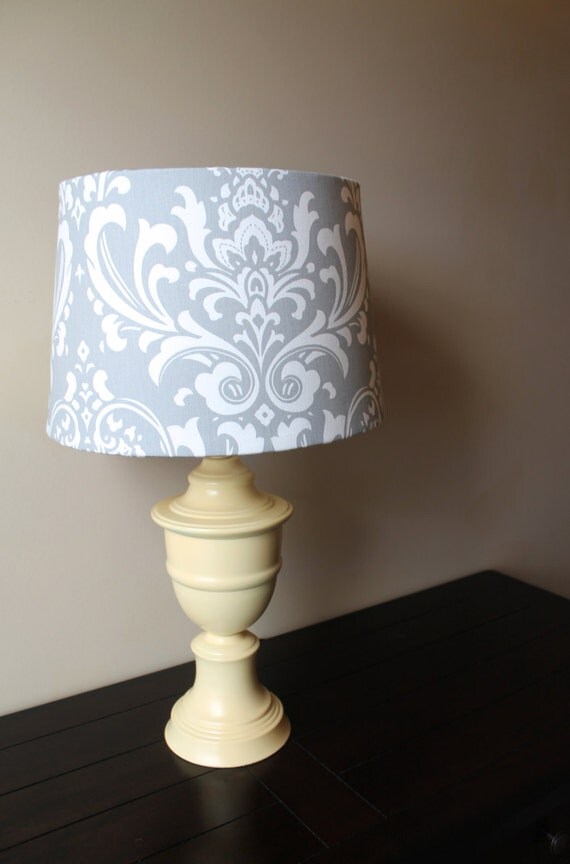 Yellow Lamp Base with Grey Damask Shade OOAK