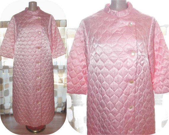 Vintage 60s Quilted Pink Satin Asian Robe Housecoat L Xl