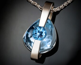 statement necklace, Swiss blue topaz pendant, modern jewelry, bold jewelry, December birthstone, artisan necklace, unique necklace - 3502