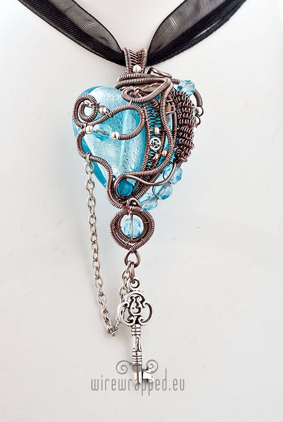 OOAK Aqua blue steampunk heart pendant with key by ukapala on Etsy