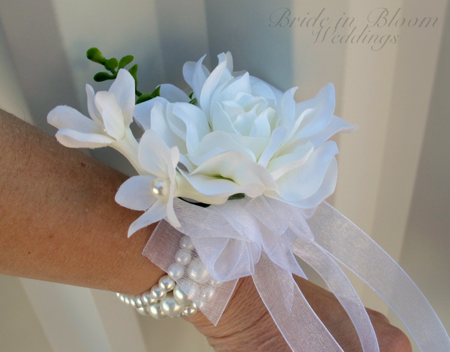 White gardenia wrist corsage Wedding corsages