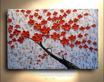 ORIGINAL Red Orange Flower Tree Painting 36x24 Abstract Landscape Artwork Flowerscape Textured Modern Contemporary art by OTO