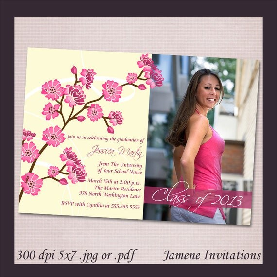 Cherry Blossom Photo Graduation printable announcement or party invitation - Printed version available Il_570xn
