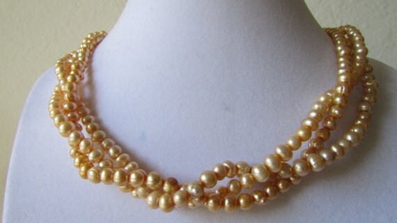 3 Strands of Ivory Peach Cream Cultured Fresh Water Pearl Bridal Gift,Bridesmaid Gift Wedding Gift