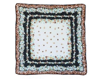 RETRO HANKIE Abstract Floral Design, Concentric Borders, Aqua, Tawny Brown, Black, White, Printed Scalloped, Excellent Condition