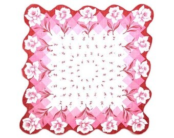 VINTAGE HANKIE, Bold Daffodil Border on Geometric Border, Pink 4 Shades, Mid-Century, Cotton, Corded Scalloped Edge, Excellent Condition