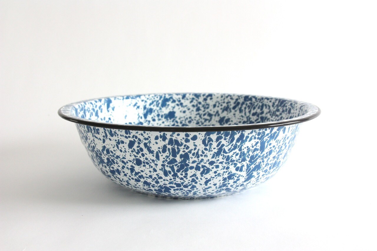 Large Vintage Blue and White Enamel Bowl