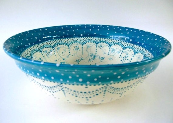 Aqua and White Serving Bowl...I am taking orders for...." Miss Fancy Pants"