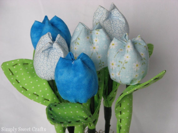 Fabric Flower Bouquet- Blue tulips- Fabric tulips- Blue flowers- Flower arrangement- Fabric flower centerpiece. Spring flowers