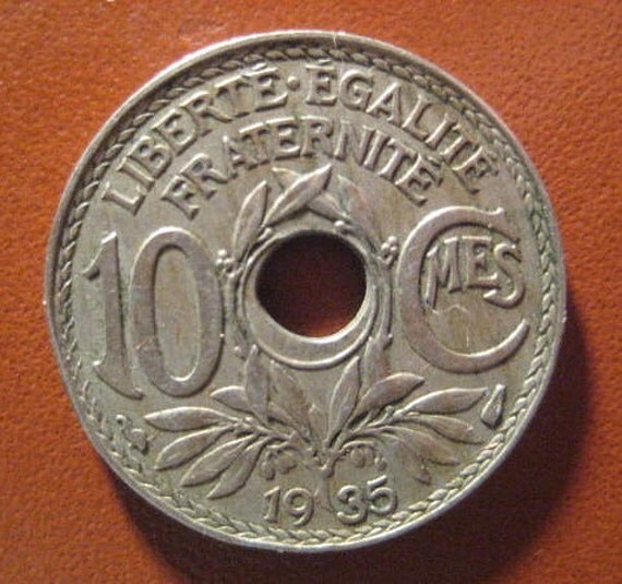 1935 France 10 Centime Coin with center hole 1935 France 10 Centime Coin with center hole