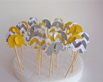 Twenty Four Yellow And Gray Chevron And Solid Elephant Cupcake Toppers - Party Picks - Food Picks