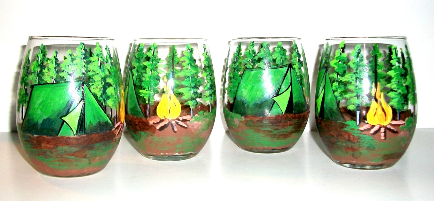 Camping Theme Stemless Wine Glasses Made to Order Set of 4