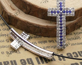 2pcs of 24x54mm silver tone Sideways Cross blue and white Rhinestone Connector,Cross Bracelet Connector,bangle findings