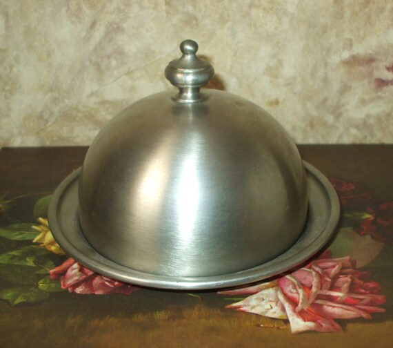 Pewter Butter Dish Covered with Original Glass Insert Vintage