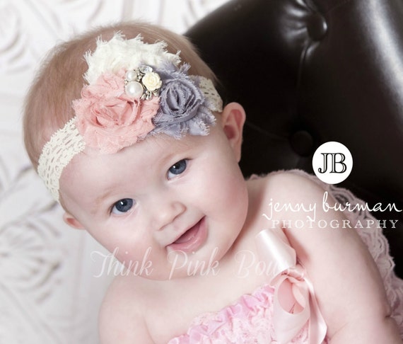 Stuning Baby Headband,Newborn Headband, Baby girl Headband,Shabby chic Headband, Christening Headband,Vintage Inspired Headband,Baby Bows. by ThinkPinkBows